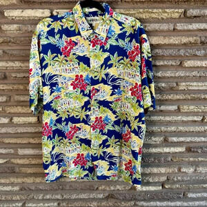 Campia Moda Vintage Hawaiian Floral Landscape 100% Rayon Camp Shirt Size Medium